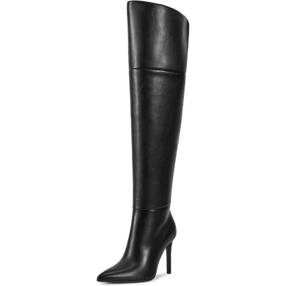 🆕Womens Black Faux Leather Ponited Toe Zipper up Thigh High Stiletto Heel Boot